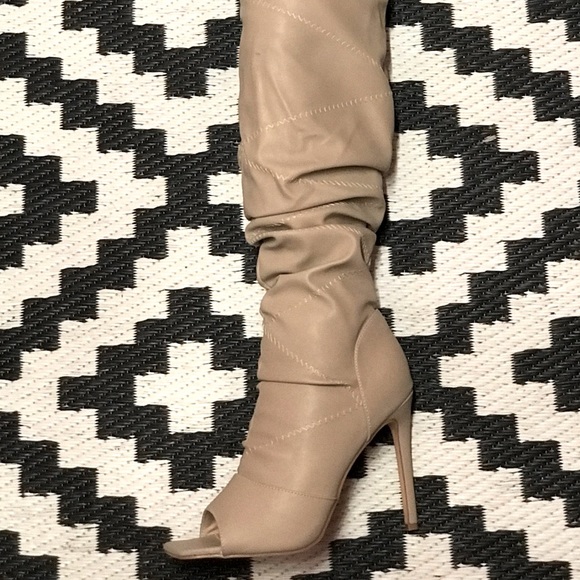 Pazzle Victoria Over The Knee Taupe Faux Leather Ruched Stiletto Thigh High Boot - Picture 5 of 9